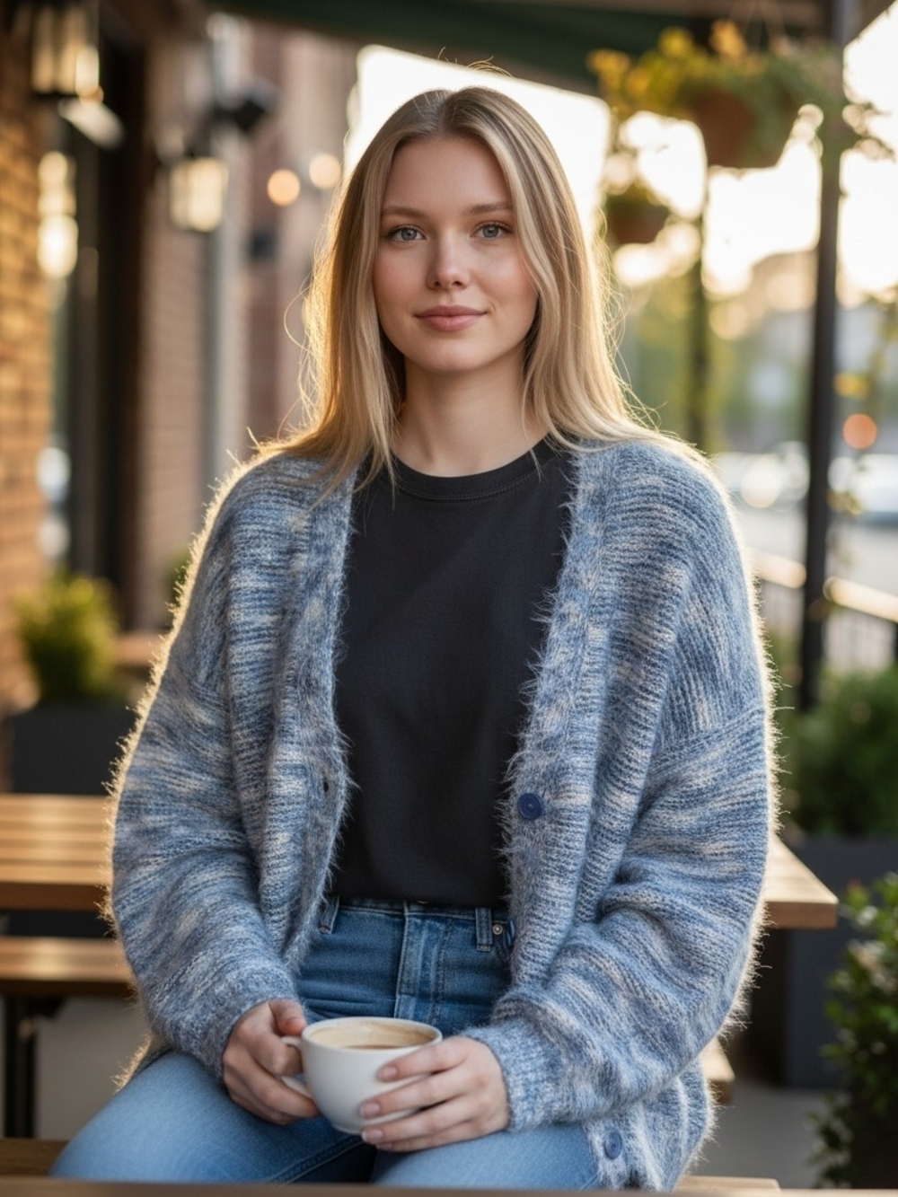 Cozy Sky-Blue Fuzzy Button Cardigan Sweater